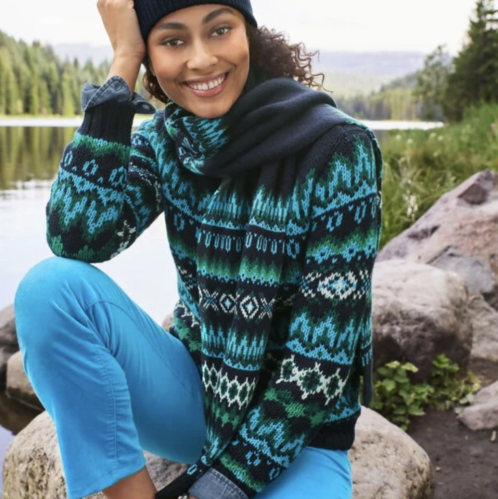 Talbots Crewneck Sweater Chamonix Fair Isle Petite 0-2 Navy Light Blue EUC - Picture 7 of 8